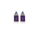 A pair of February birthstone earrings in a cathedral style emerald-cut amethysts layered with trillion shaped tanzanite gemstones separated by three diamonds set in rose gold